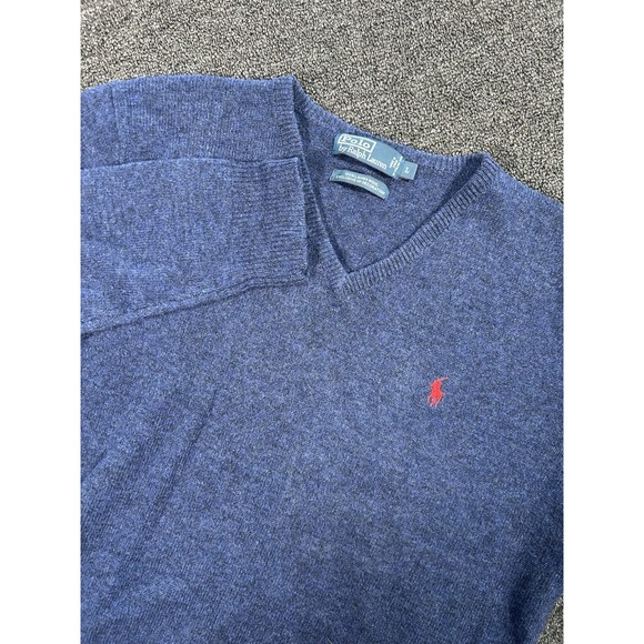 Polo Ralph Lauren Sweater Men's Large Blue Knit V-Neck 100% Lambs Wool Preppy - Picture 1 of 7